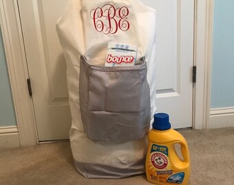 Personalized Laundry Bag/ Monogrammed laundry bag/Large laundry bag with pocket/ Graduation gift/Cream and gray laundry bag/Girls gift