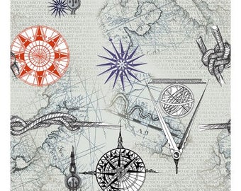 Map fabric Nautical fabric, ship fabric, Quarter Deck fabric Free domestic Shipping over 50