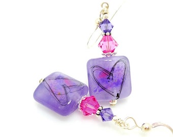 Violet Purple Earrings, Lampwork Earrings, Heart Earrings, Glass Earrings, Glass Bead Earrings, Valentine Jewelry, Valentine Earrings