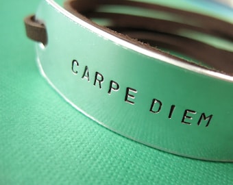 Personalized Bracelet - Carpe Diem - Seize the Day - Leather Wrap