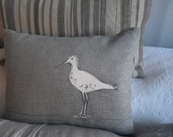 hand printed dove grey wading bird cushion
