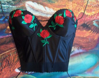 Black Corset Top, Gypsy, Party Top, Embroidered Top, Floral, Roses, Cinco de Mayo, size 36 B