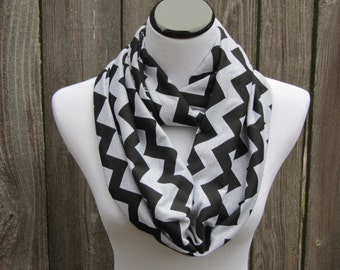 Gray black chevron infinity scarf zig zag grey white stripes scarf cotton jersey knit circle scarf loop scarf