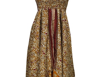 Summer Floral Mid Length Halter Dress Vintage Silk Sari Two Layer Gypsy Hippie Chic Summer Dresses