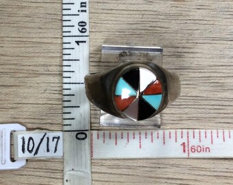 Vintage 925 Sterling Silver 9.4g Ring Size 10 Turquoise Coral Mother Of Pearl Black Onyx Stones Used