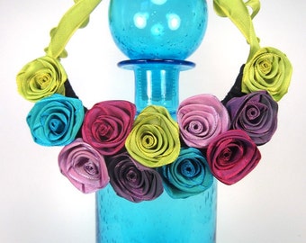 Unique bib statement necklace of ribbon roses -- French ribbon roses in mixed hues -- a gorgeous gift for her