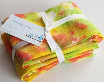 Hand Dyed Kitchen Towels - Flour Sack Tea Towel Set of 2 - Tie Dyed Dish Towels Citrus Lemon Yellow Lime Green Orange Bright White