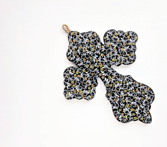 Cross: hand painted cross flourish wall hanging cross