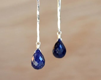 Long Blue Sapphire Earrings, Genuine Sapphire Dangle Earrings, Natural September Birthstone Jewelry, 14K Rose Gold Filled Sterling Silver