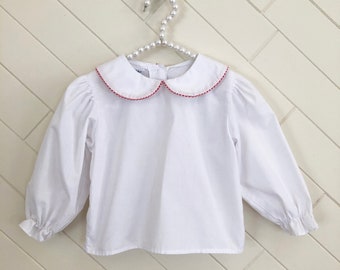 Vintage Style White Peter Pan Collar Long Sleeve Blouse with Red Gingham Trim, Girls 2T