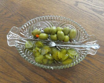 Vintage clear pressed glass condiment dish with divider and handles-free shipping