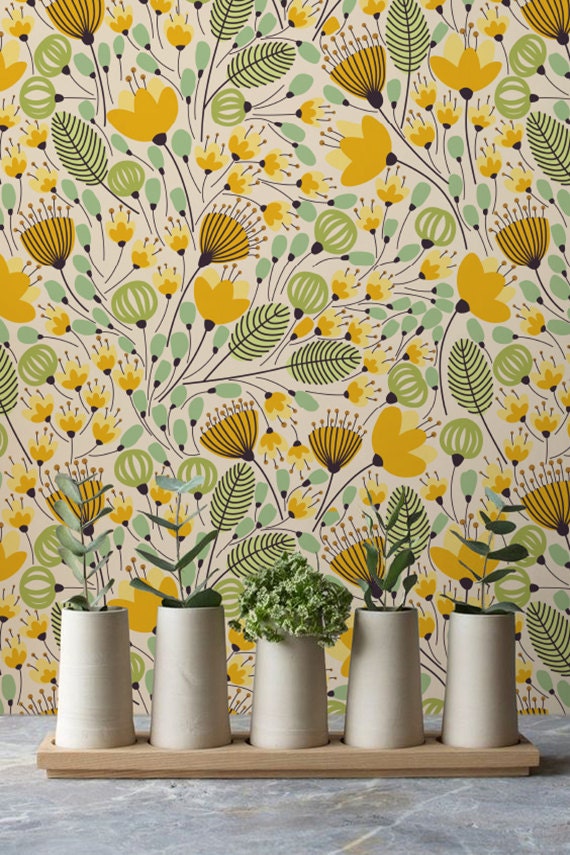 Yellow Flower Pattern Wallpaper Removable Wallpaper Wall