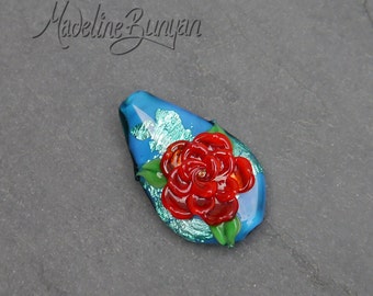 3D Rose, Red on Teal Blue, Lampwork Focal Bead