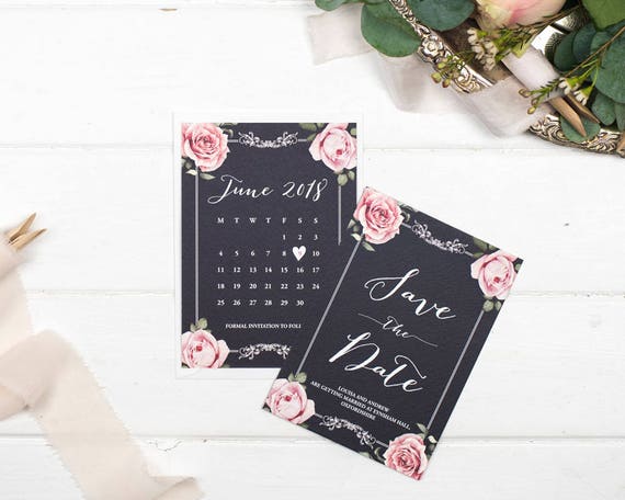 Vintage Save The Date Card - A6 Chalkboard Floral Framed