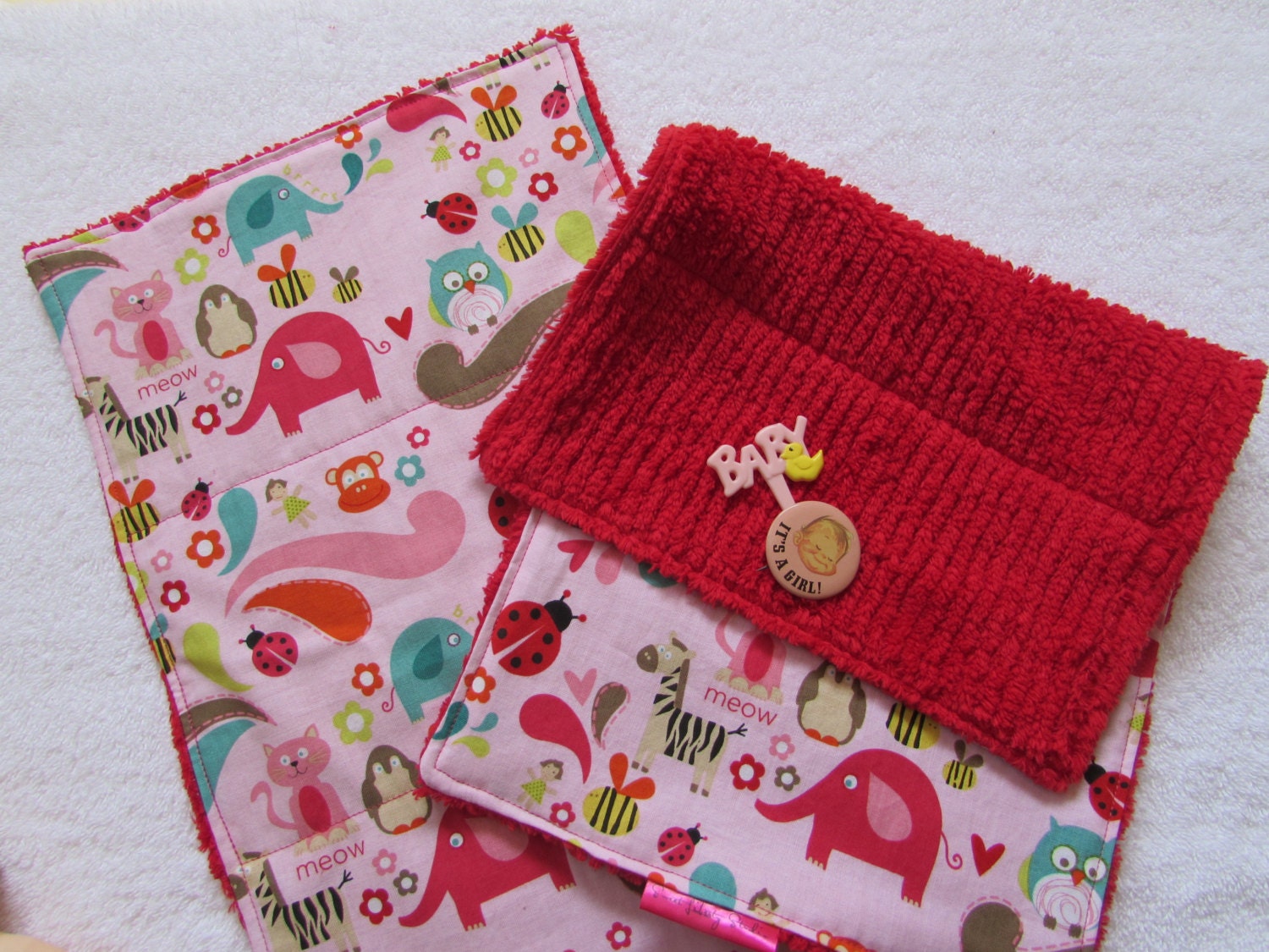 2 Cute Pink Animals Baby Burp Cloths Cotton Fabric and