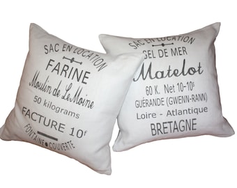 Pair of French Country Vintage Linen Grain Sack Pillows - Flour & Salt