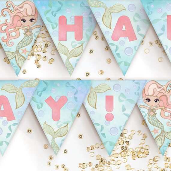 Mermaid Birthday Banner Printable Mermaid Flag Bunting