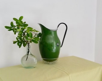Green Enamel Pitcher, Water Pitcher, French Boudoir, Pouring Jug, 1960s, Country Kitchen