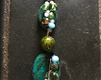 Haley's Comet Wire-Wrap Pendant - Handmade Gifts for Her - Turquoise and Green Stone with Copper Accents