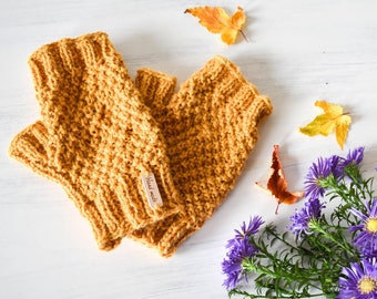 Yellow Alpaca Mittens - Mustard Fingerless Gloves, Yellow Fingerless Mitts, Alpaca Gloves, Mustard Gloves, Design by Drops