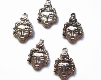 5 pendants charms silver metal 22 mm Buddha head