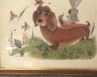 1963 George Buckett Framed Print Dashchund dog with friends.