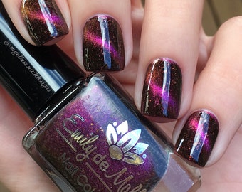 Nail polish - "Magnetic Fields" pink to orange magnetic multichrome polish with gold flakes