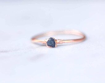 Rose Gold Blue Diamond Ring, Pink Gold Raw Diamond Ring, April Birthstone Ring, Raw Diamond Stacking Ring, Rose Gold Raw Gemstone Ring, Gift