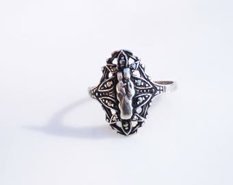 Art Deco Sterling Silver Ring - Madonna & Child with Marcasites, Size 7.5