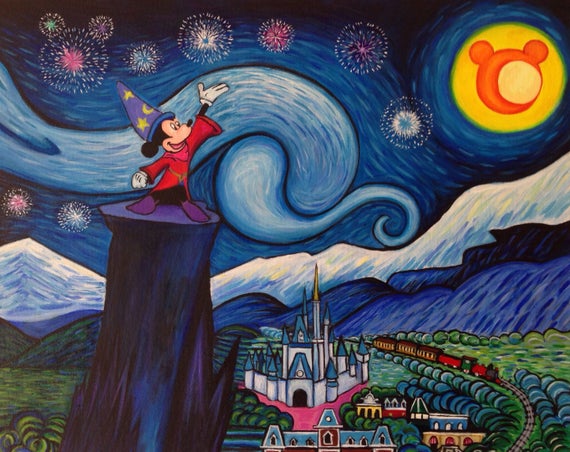 Hand Painted Disney World Starry Night Over The Magic Kingdom