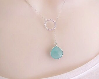 Delicate Minimalist Necklace, Gemstone Minimal Necklace, Aquamarine Necklace, Simple Lariat Necklace, Sterling Silver, Womens Gift, Pendant