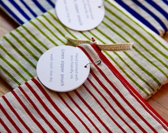 Red Stripes, Linen Zipper Pouch, Screen Printed Linen Bag
