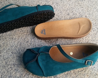 Sale 20% OFF, Vegan Leather Shoes, Flat Shoes, Ballerina Shoes, Slip Ons, green shoes, OPHIURE GREEN/blue suede