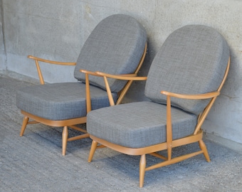 Pair of Vintage Ercol 203 Windsor Armchairs: Newly Upholstered in Soft Grey