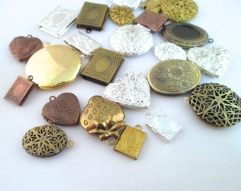 20 pc Locket pendant grab bag, mix of silver, antique bronze, copper, raw brass, Destash Sale, D241