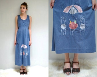 MAXI Dress WRAP DRESS 70s Sundress 70s Dress Apron Dress Denim Dress Hippie Dress Boho Dress Festival Dress Summer Dress Chambray Dress