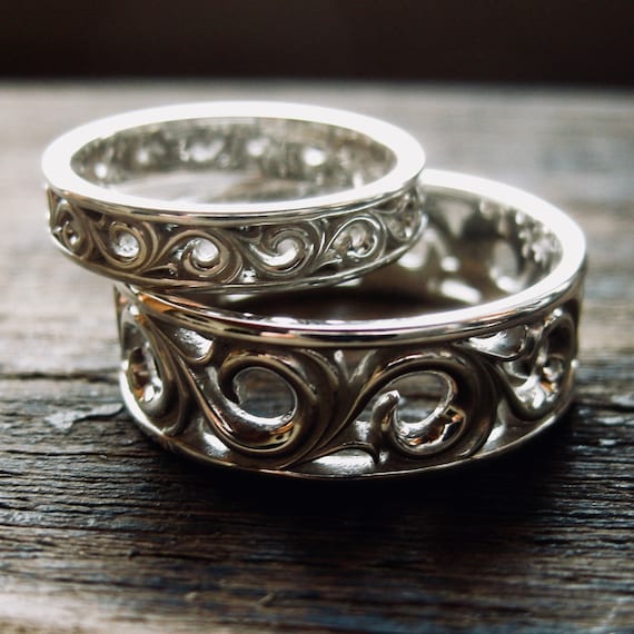 Sterling Silver Scroll Wedding Rings with Detailed Floral