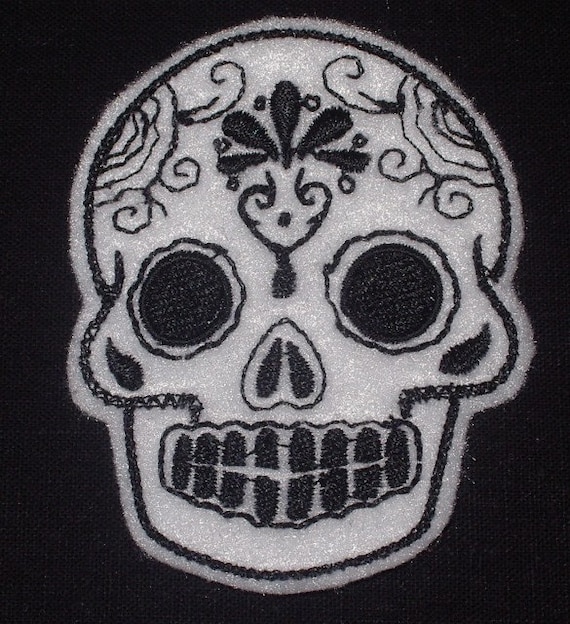 Mexican Day of the Dead Sugar Skull Patch Embroidery black and limeMini white with black Mexican Sugar Skull embroidery patch