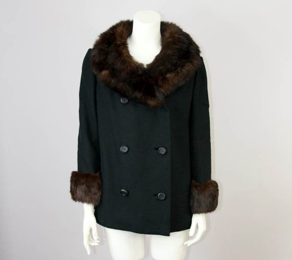 60s Vintage Designer Jack Feit Fur Collar and Cuffs Black Wool