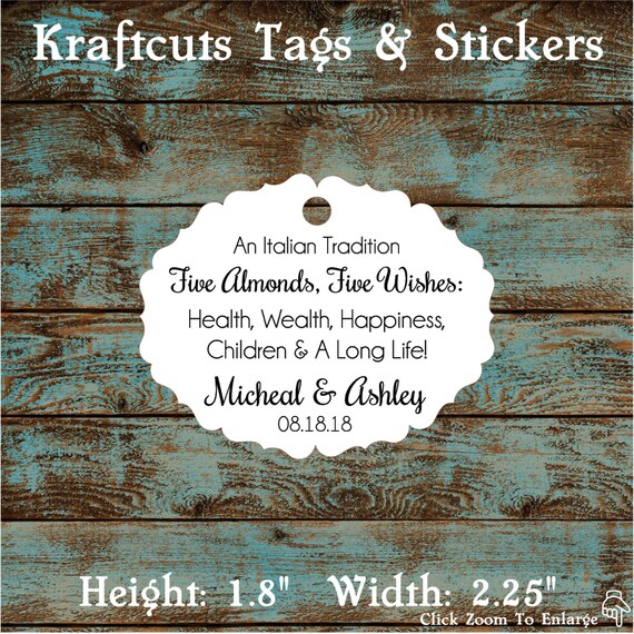 Italitan Wedding Favor Tags, Jordan Almond Favor Tags, Sugared Almond Favor Tags, Five Wishes Poem Favor Tags #656 Qty: 30 Tags