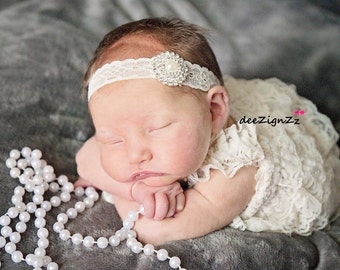 Girls Hair Accessories-Baptism Headband-Ivory-Lace-Pearl-Rhinestone-Headband- Christening-Wedding-Bridesmaid-Flower Girl Headband