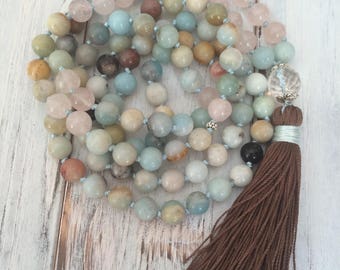 Live Your Truth Mala, 108 Mala Beads, Mantra Meditation, Buddhist Prayer Beads, Amazonite, Rose Quartz, Courage, Compassion, Truth, Love