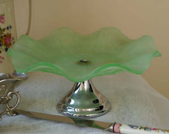 Vintage Cake Stand, Green Frost Glass, Aternoon Tea Cake Stand, Pedestal Cake Stand