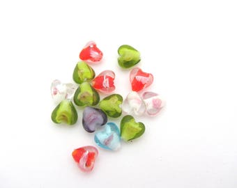 The Lot of 15 small glass green, white, purple and blue, red hearts