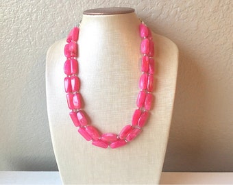 Pink Pretty Double Strand Necklace, Chunky Pink Necklace, Pink Statement Necklace, Pink Beaded Necklace, Pink Wedding Bridesmaid Beads