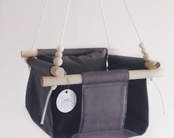 Baby swing, gray baby swing, toddler swing, nursery decor, indoor swing, outdoor swing, wooden swing, baby fabric swing, baby toy,