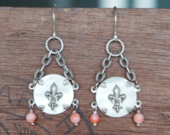 Antique Assemblage Earrings with Fleur de Lys and Coral