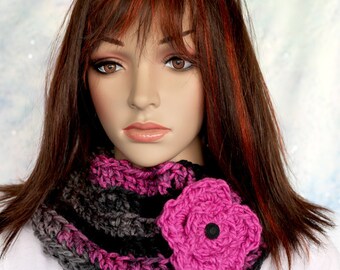Cowl Scarf - Hot Pink, Gray and Black with Hot Pink Flower