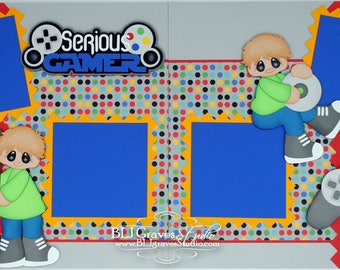 2 Premade Boy Scrapbook Pages Serious Gamer 12x12 Layout Paper Piece Die Cuts Handmade 32