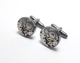 Charcoal round mechanical watch movement cuff links